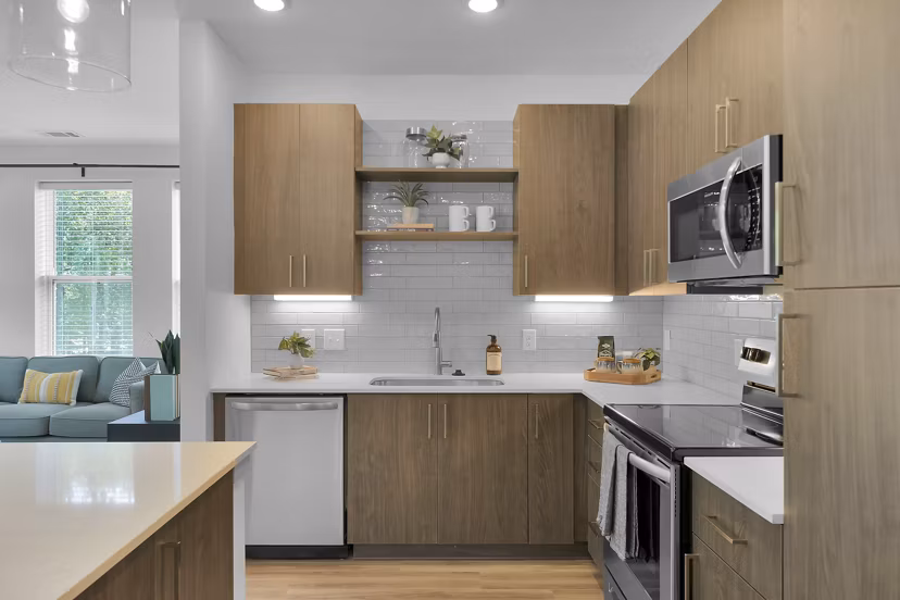 kitchen at Alexan Research Park Apartments 