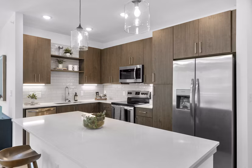 kitchen at Alexan Research Park Apartments 