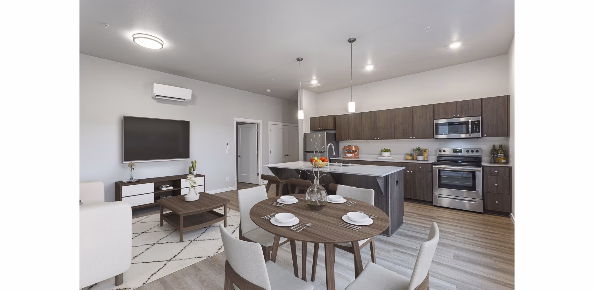 Dining area with elegant decor and modern lighting at The Farmstead Apartments, a Greystar luxury property in a serene neighborhood