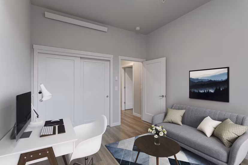 Cozy kitchen with modern stainless steel appliances in The Farmstead Apartments