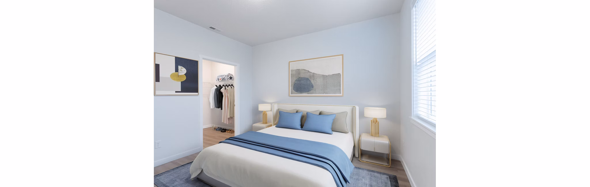 Cozy bedroom with modern decor at Villas at 28th Apartments