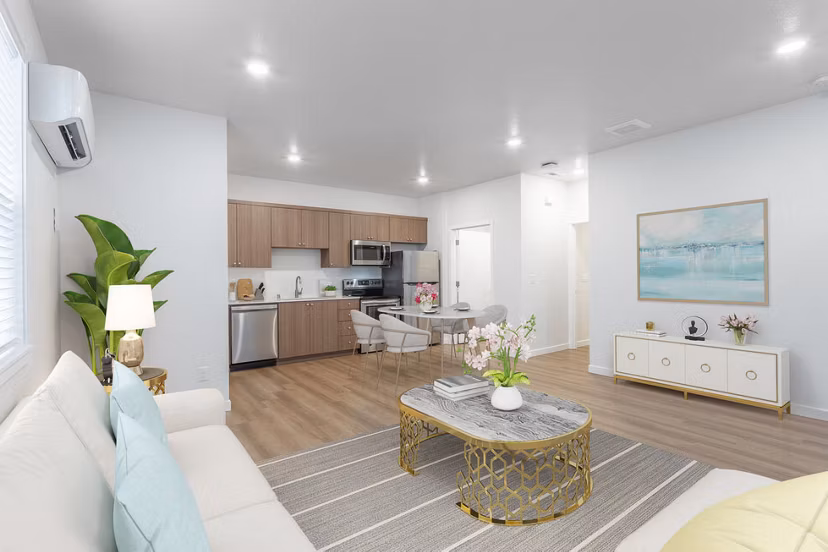 Spacious living room with contemporary furnishings in Villas at 28th Apartments