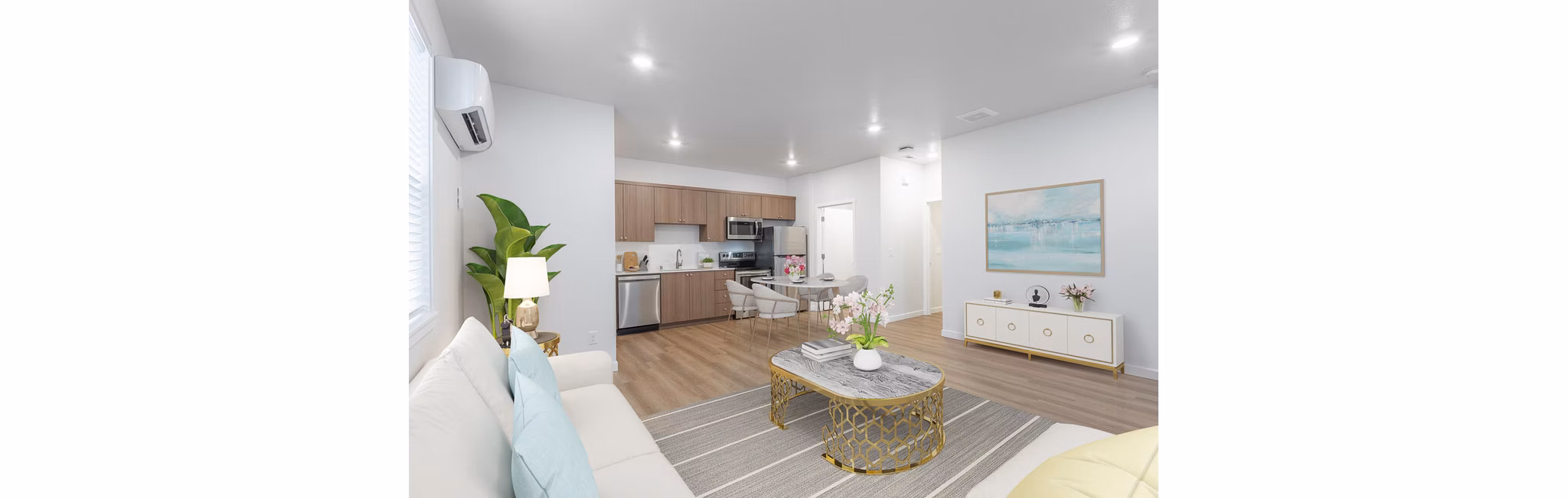 Spacious living room with contemporary furnishings in Villas at 28th Apartments