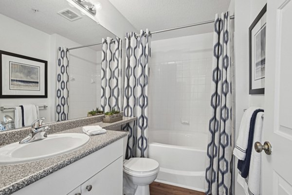 Luxury bathroom with marble countertops and modern fixtures at The Vinings at Duncan Chapel Apartments