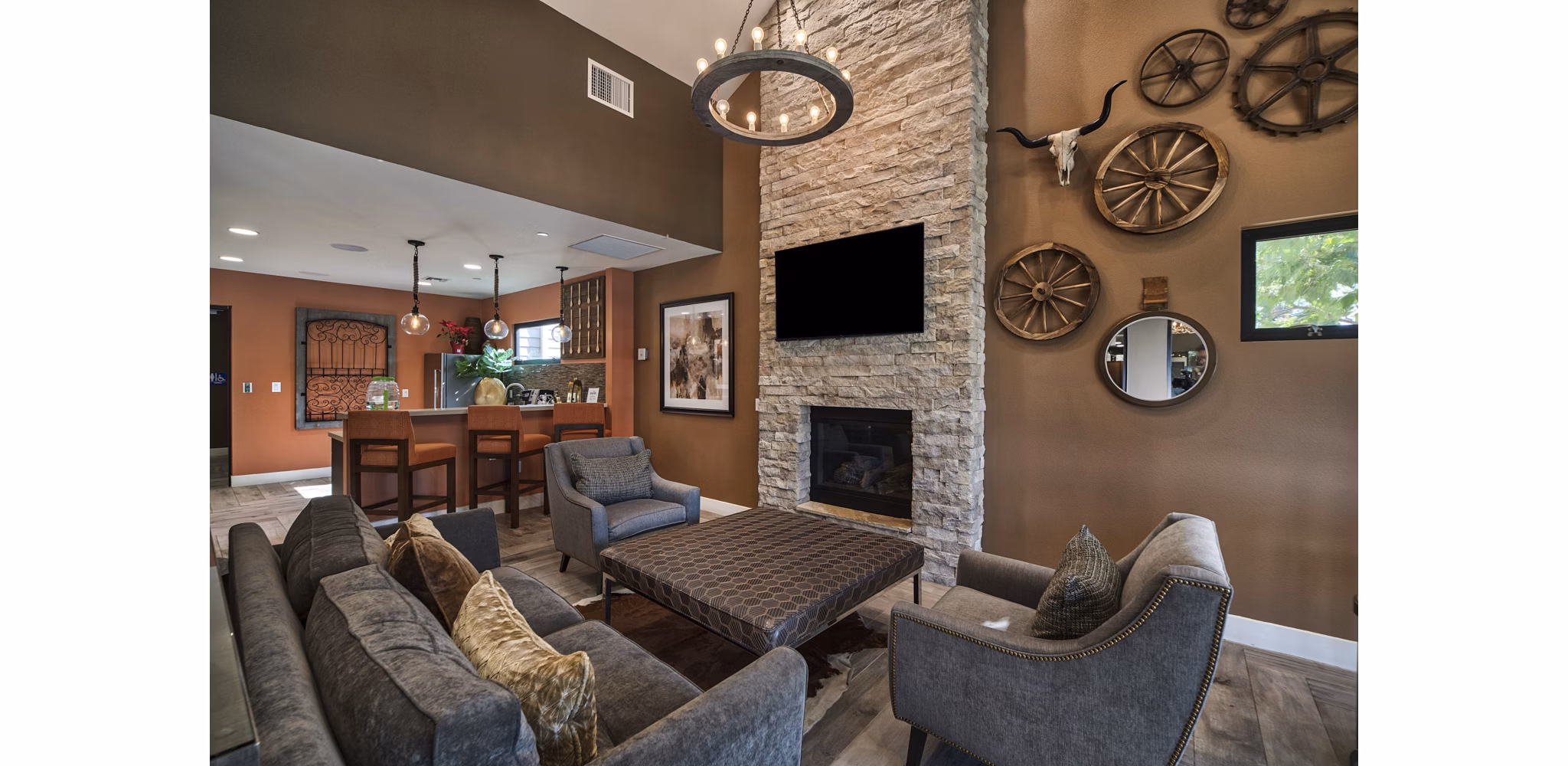 Clubhouse featuring modern design and social spaces at The Ranch at Moorpark Apartments