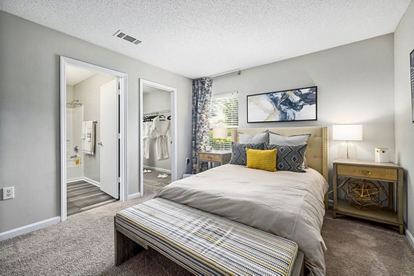 Cozy bedroom with modern decor at Fieldstone Apartment Homes