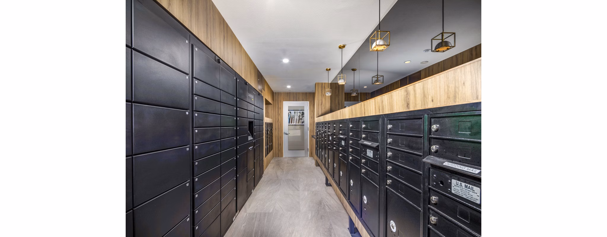 Contemporary clubhouse mail room with private lockers at Triton Encinitas Apartments