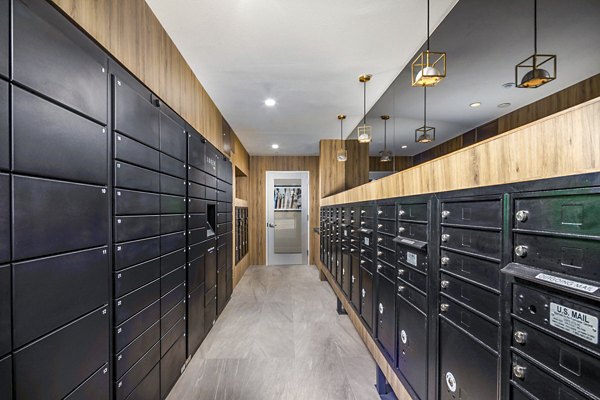 Contemporary clubhouse mail room with private lockers at Triton Encinitas Apartments