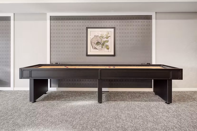 Contemporary game room with pool table and seating at Arasan Apartments