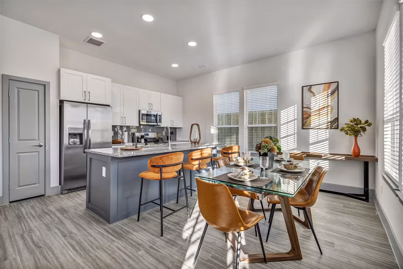 Dining area featuring modern furnishings at Preserve at Highway 6 Apartments