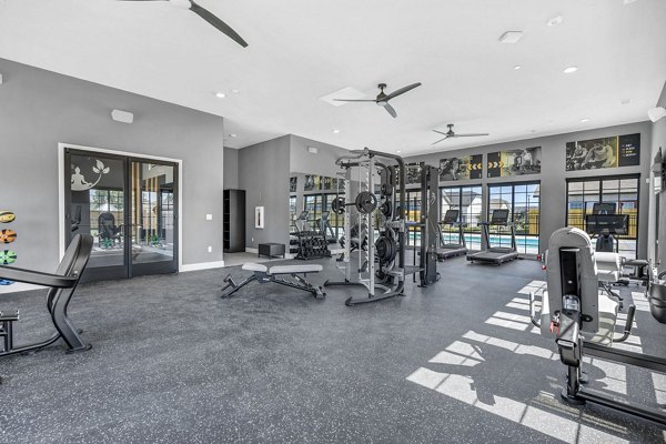 Fully-equipped fitness center at Preserve at Highway 6 Apartments featuring modern exercise machines and spacious workout areas