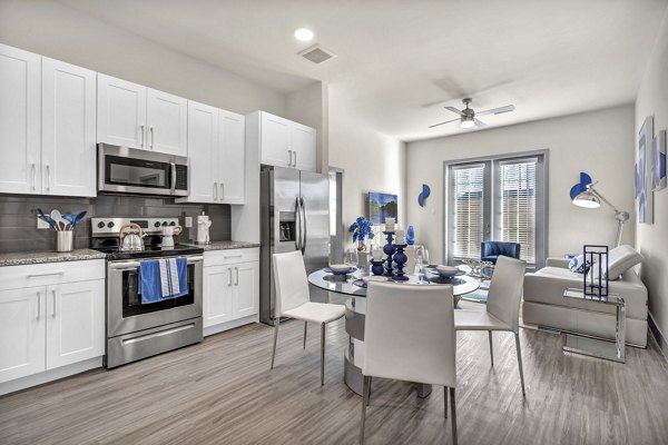 Modern kitchen with granite countertops and stainless steel appliances at Preserve at Highway 6 Apartments