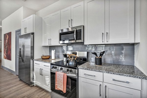 Modern kitchen featuring granite countertops and stainless steel appliances in Preserve at Highway 6 Apartments