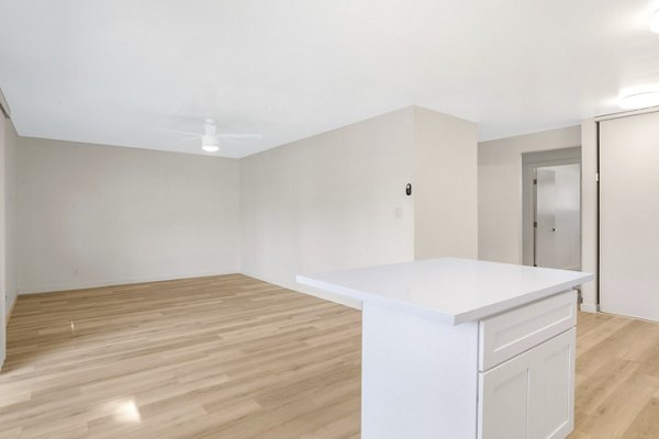Open-concept kitchen with stainless steel appliances in Fremont City Center Apartments