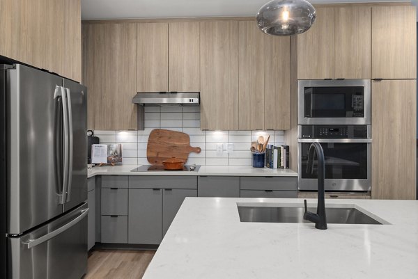 Modern kitchen with stainless steel appliances in The Point Apartments, offering stylish luxury living in a premium location