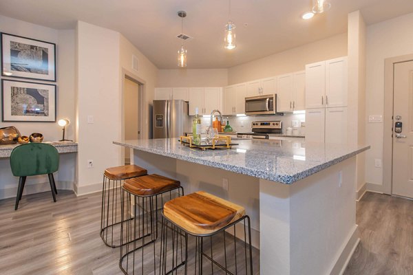 Modern kitchen featuring stainless steel appliances and granite countertops at Vibe Med Center Apartments in Houston