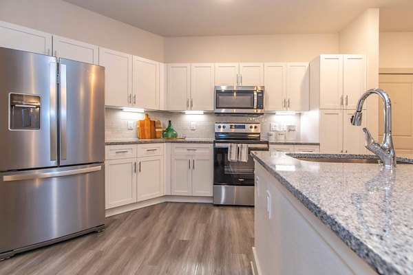 Modern kitchen featuring stainless steel appliances at Vibe Med Center Apartments