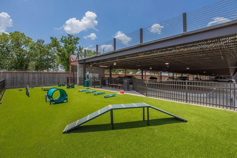 Spacious dog park at Vibe Med Center Apartments featuring shaded seating and agility equipment for residentsâ€™ pets
