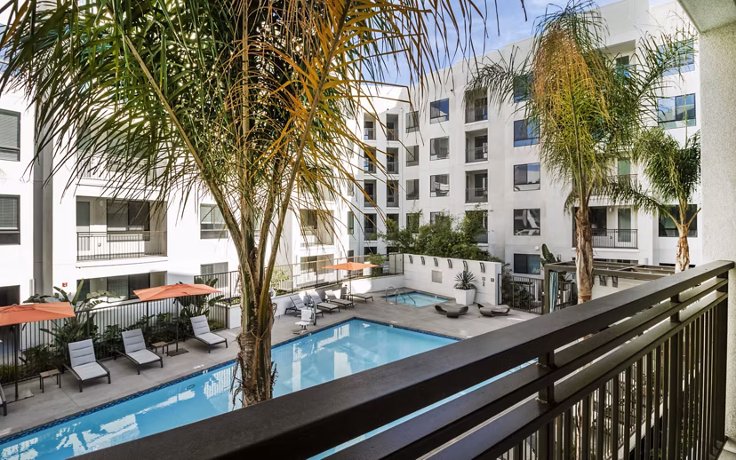 Spacious patio with garden views at MODA at Monrovia Station Apartments
