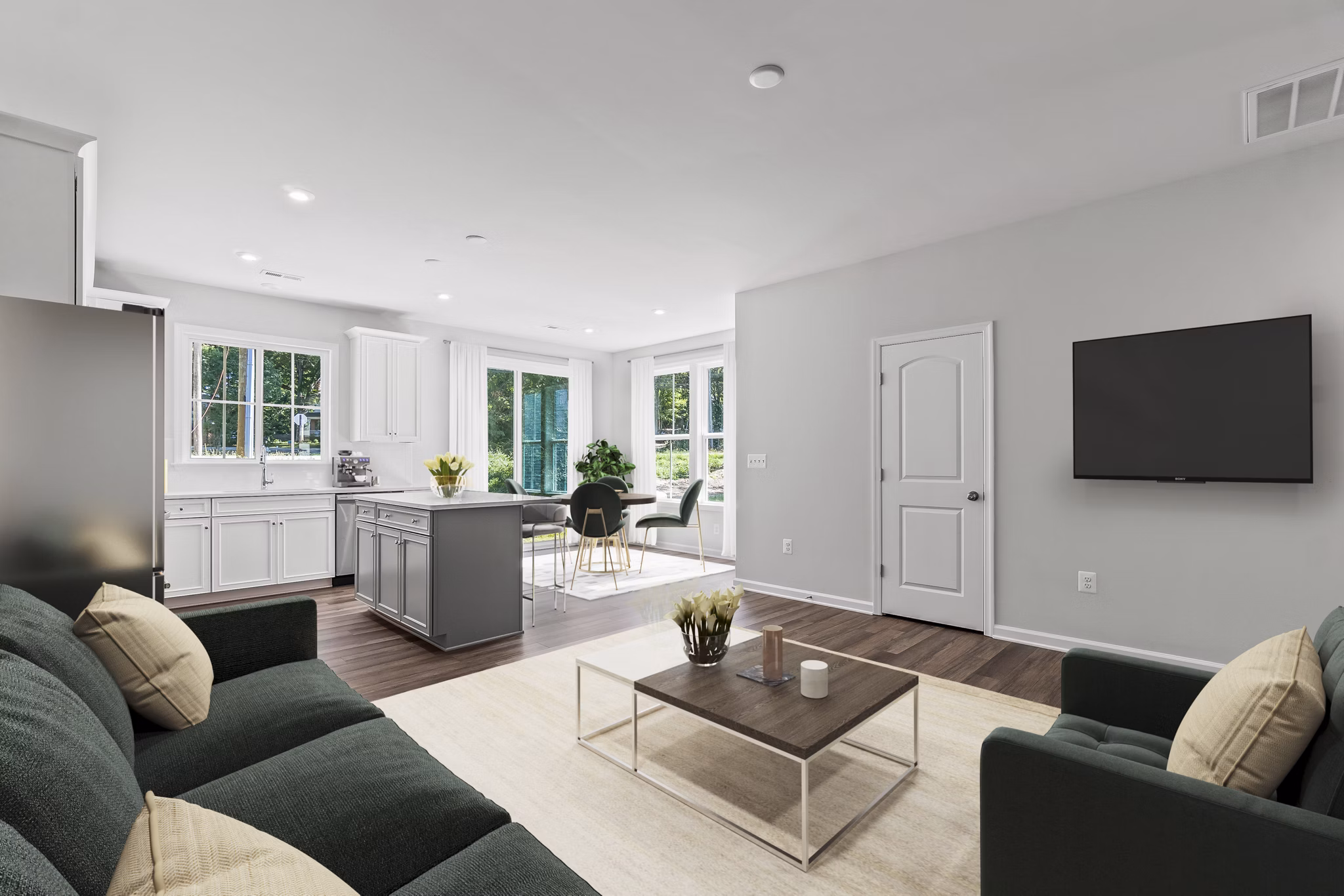 Cozy living room with contemporary decor and natural light in Brookestone Townhomes