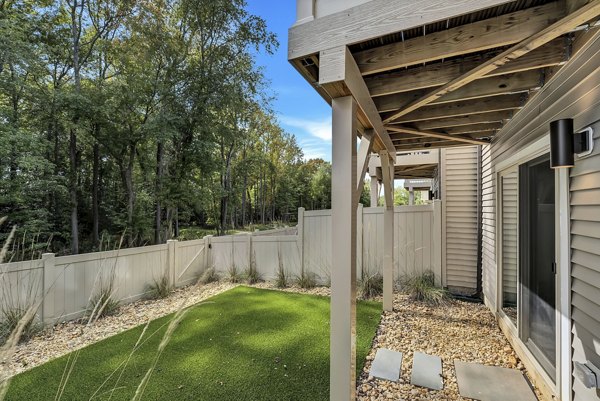 Spacious outdoor patio at Brookestone Townhomes featuring stylish seating and garden views