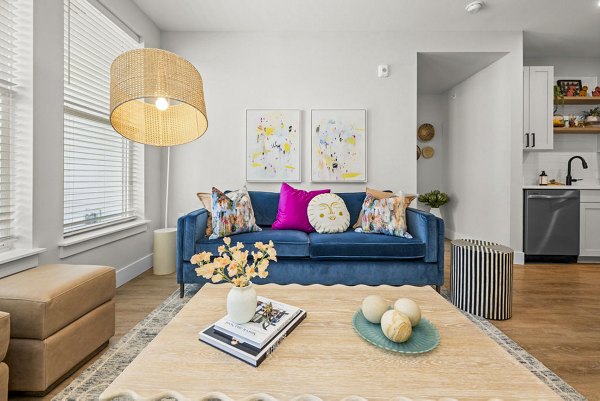 Spacious living room with modern decor at NOVEL Morrisville Apartments