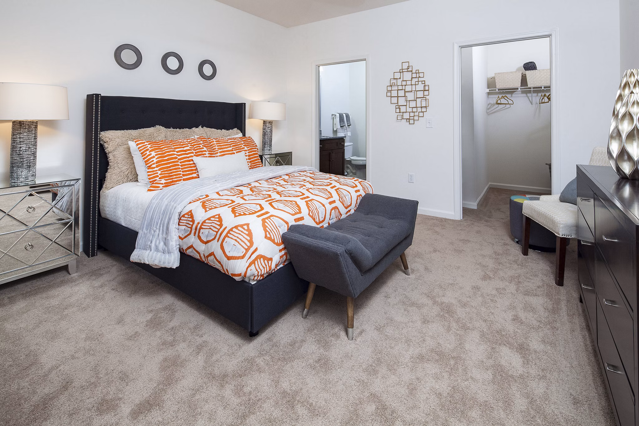 Cozy bedroom with contemporary decor at Avana Portico Apartments