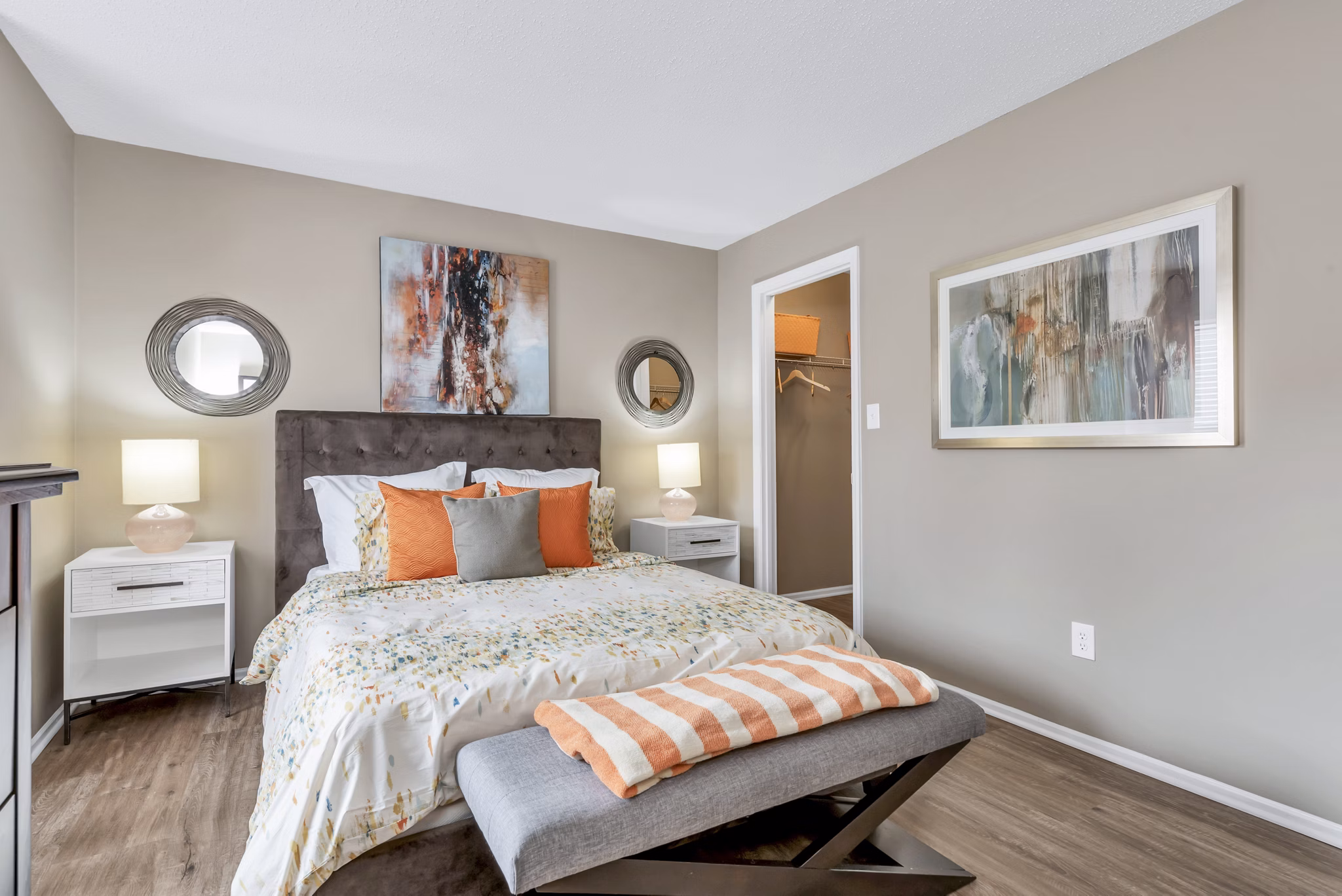 Cozy bedroom featuring modern furniture and natural lighting at Avana Matthews Apartments