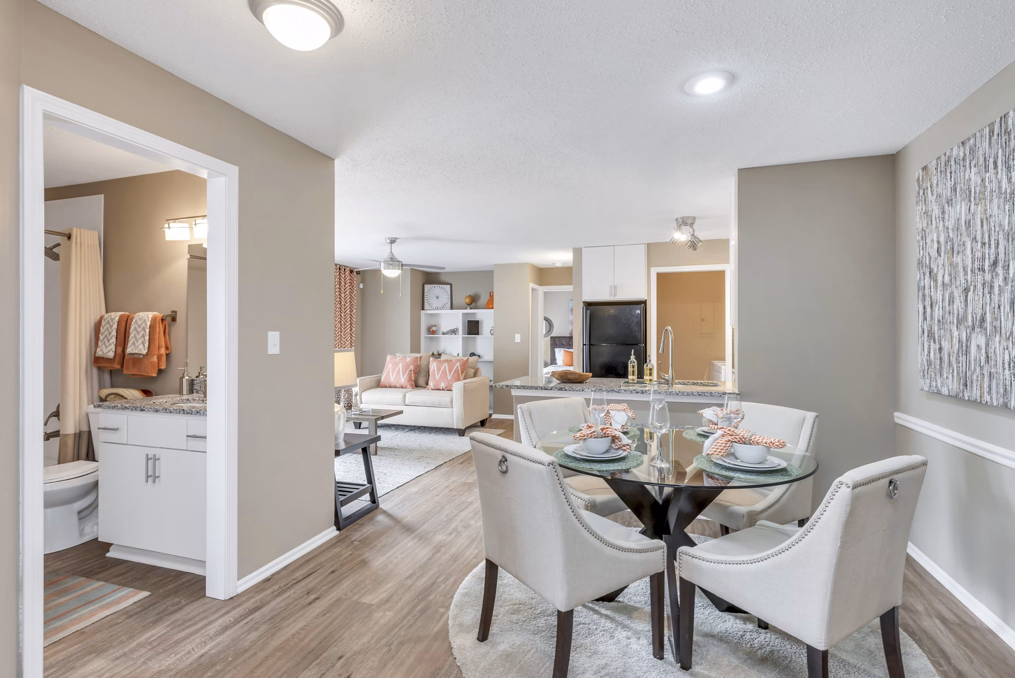 Elegant dining room with modern fixtures at Avana Matthews Apartments, a luxury Greystar community in a prime location for refined living