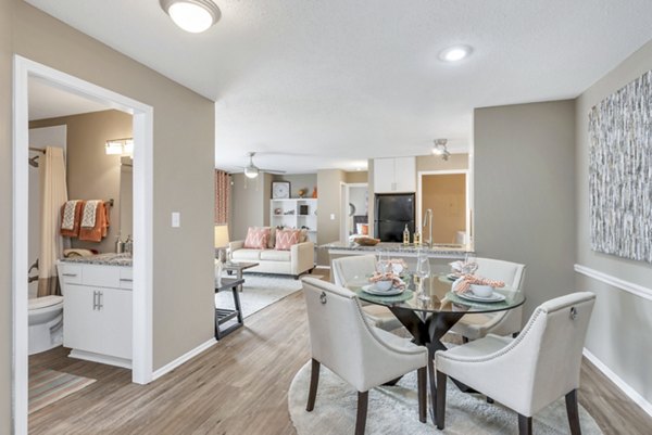 Elegant dining room with modern fixtures at Avana Matthews Apartments, a luxury Greystar community in a prime location for refined living