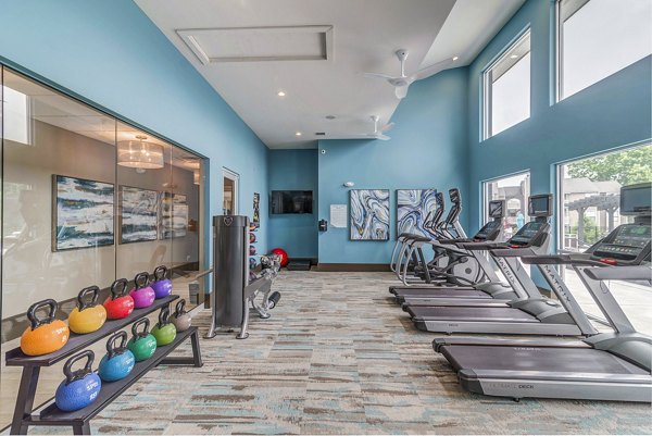 Fully-equipped fitness center at Avana Matthews Apartments with modern workout machines and open space for exercise