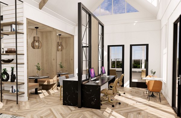 Modern clubhouse featuring plush seating and large TV at Alta Harris Farms Apartments
