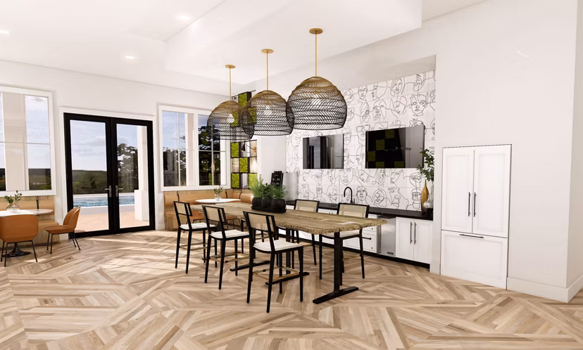 Clubhouse featuring modern decor and a spacious lounge area at Alta Harris Farms Apartments