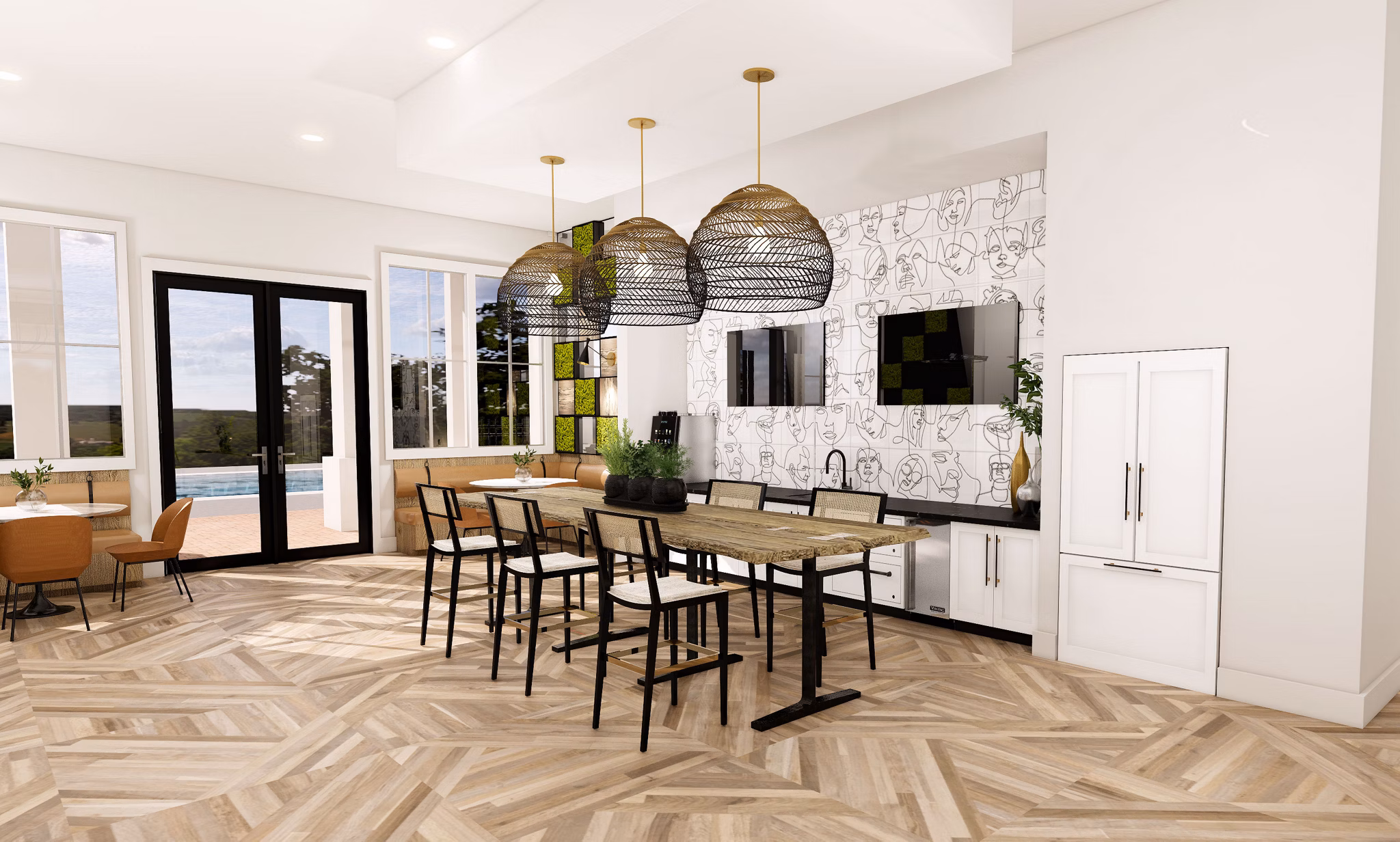 Clubhouse featuring modern decor and a spacious lounge area at Alta Harris Farms Apartments