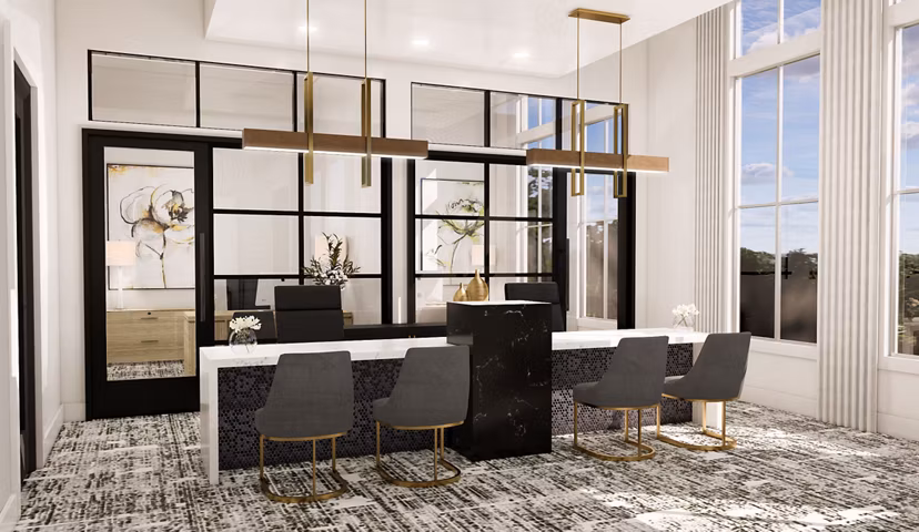 Stylish clubhouse with modern furnishings at Alta Harris Farms Apartments, featuring luxurious amenities for social gatherings and events