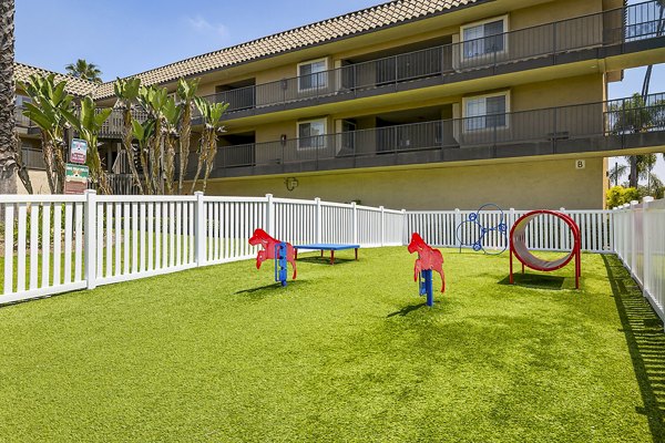 Dog park with agility equipment at Coronado Palms Apartments, perfect for pet-friendly living and outdoor fun for your furry friends