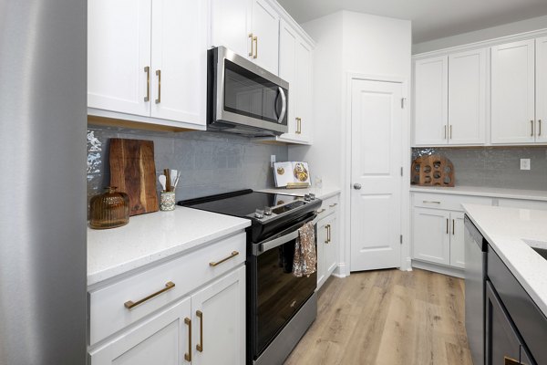 Modern kitchen with stainless steel appliances and elegant cabinetry at Oak Lake Townhomes Apartments