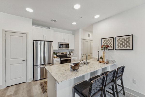 Modern kitchen with sleek countertops and stainless steel appliances in Alta Grandway Apartments