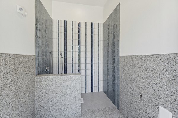 Dog wash station with easy-access tub at Alta Grandway Apartments, catering to pet-friendly living