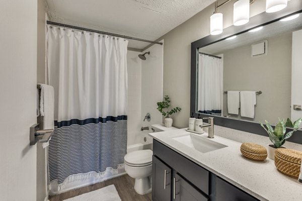 Bathroom with modern fixtures and sleek design at Wood Hollow Apartments