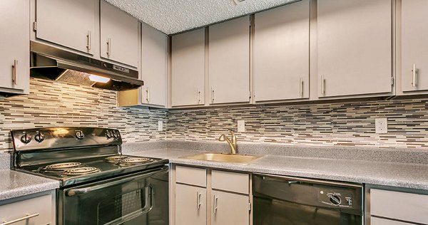 Spacious kitchen featuring sleek countertops and stainless steel appliances at Wood Hollow Apartments