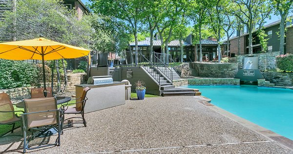Relaxing pool area with palm trees at Bay Court at Wood Hollow Apartments offering luxury outdoor leisure options in a serene environment