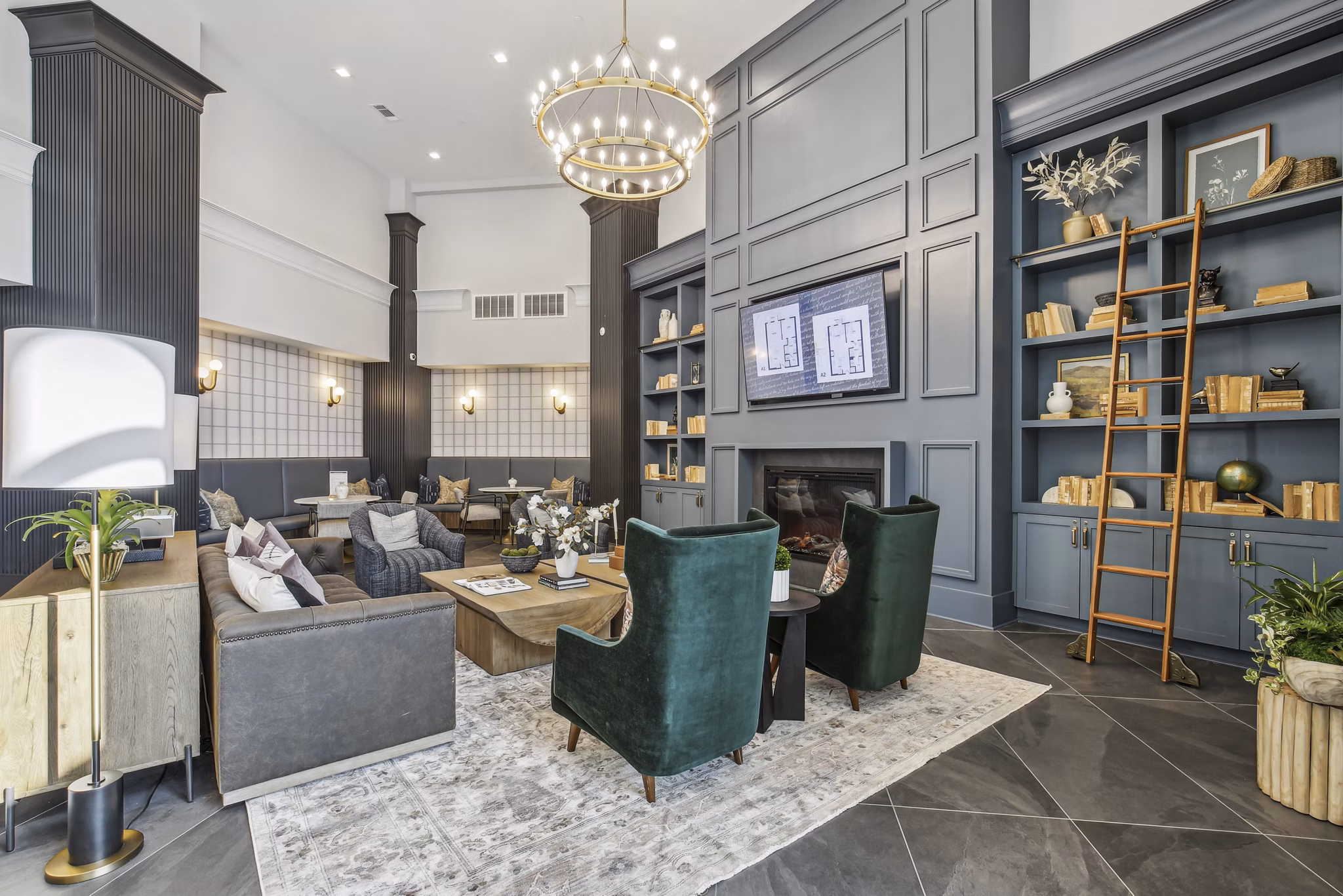 Clubhouse featuring modern amenities and stylish decor at The Lacy at South Main Apartments