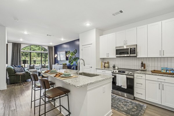 Modern kitchen with stainless steel appliances in The Lacy at South Main Apartments