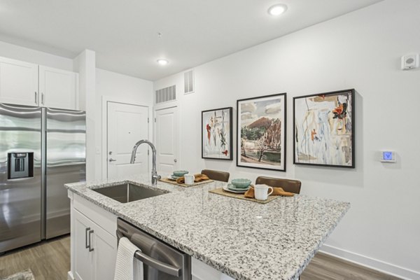 Modern kitchen with stainless steel appliances at The Lacy at South Main Apartments