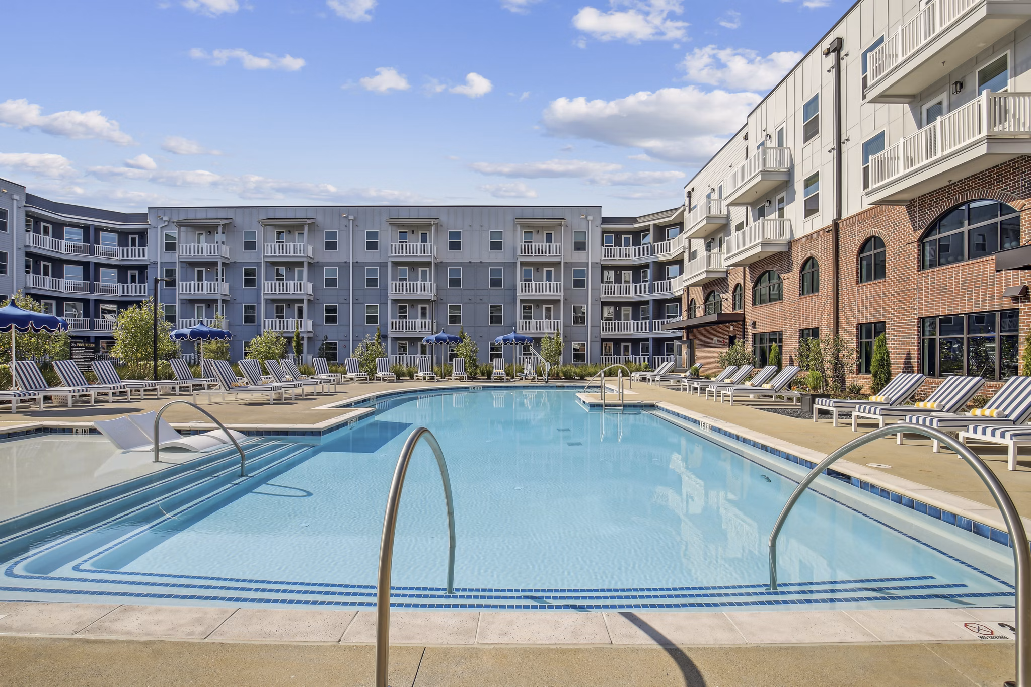 Modern outdoor pool surrounded by palm trees at The Lacy at South Main Apartments