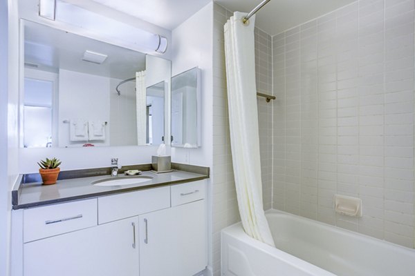 Luxurious bathroom with sleek marble finishes at Marlowe Apartments, ideal for Greystar luxury living near top amenities