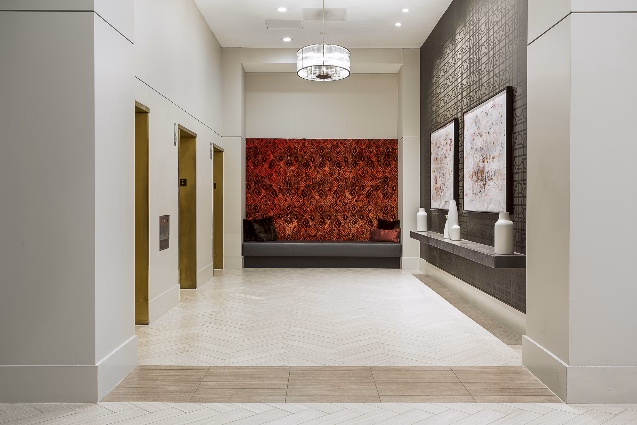 Clubhouse lobby with modern elevator at Marlowe Apartments