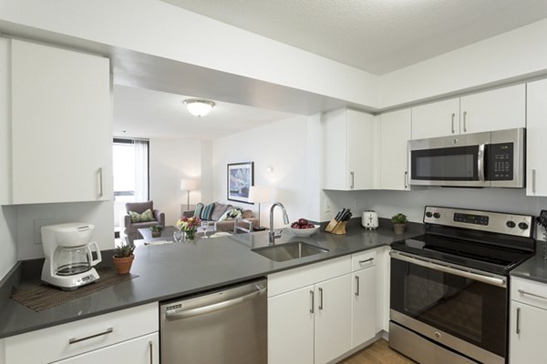 Modern kitchen with stainless steel appliances at Marlowe Apartments in Greystar's luxury community