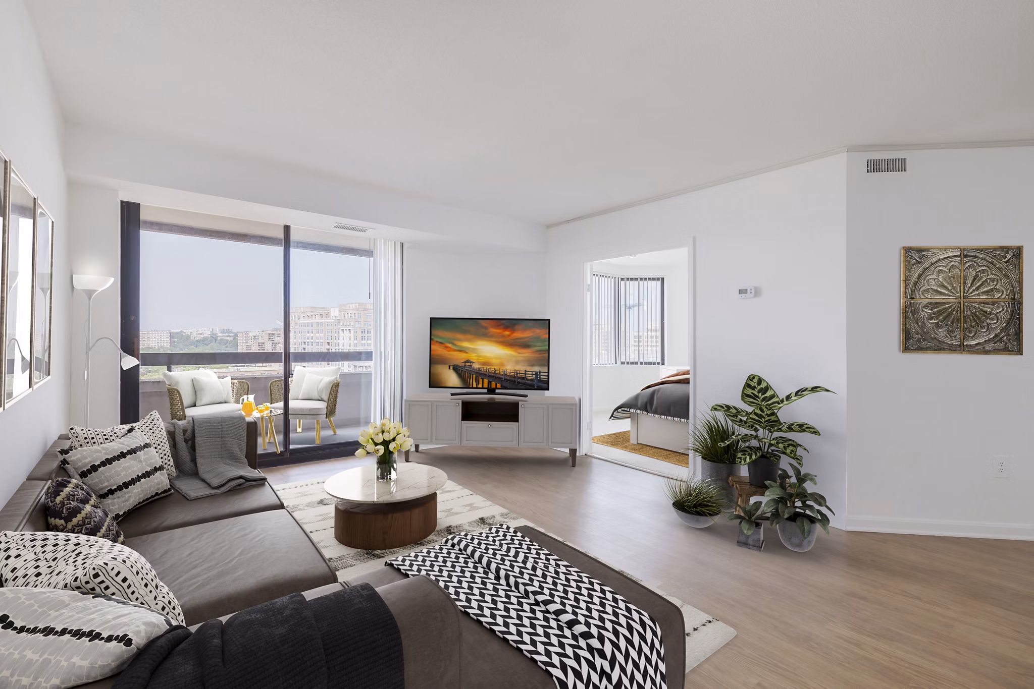 Contemporary living room with stylish furnishings in Marlowe Apartments
